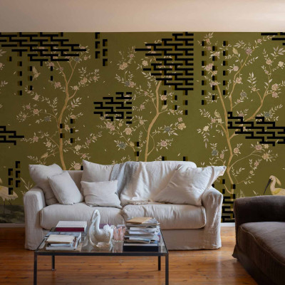 Tapet lavabil cu design Chinoiseries, în nuanțe de verde.
