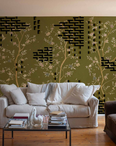 Tapet lavabil cu design Chinoiseries, în nuanțe de verde.