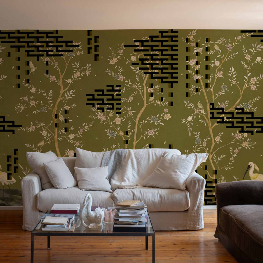 Tapet lavabil cu design Chinoiseries, în nuanțe de verde.