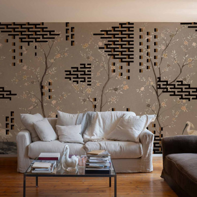Tapet lavabil cu design geometric și floral, inspirat din arta chineză.