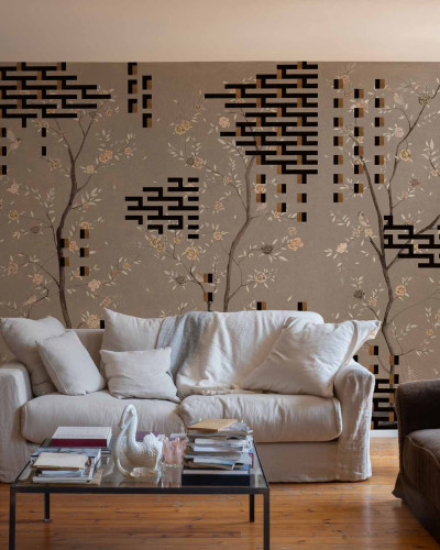Tapet lavabil cu design geometric și floral, inspirat din arta chineză.