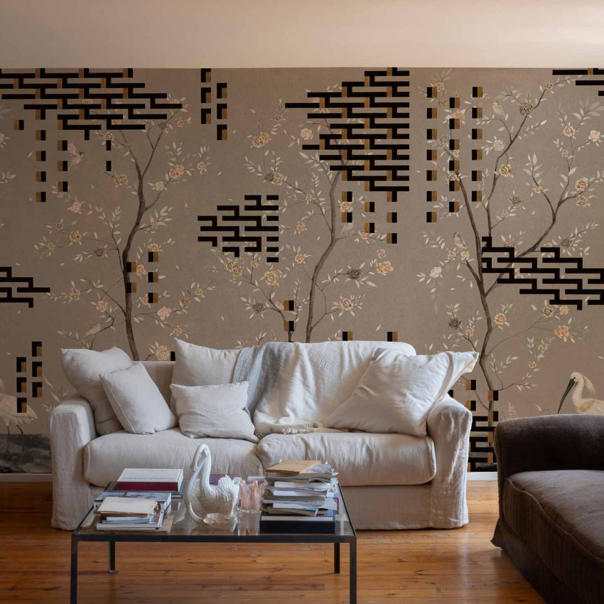 Tapet lavabil cu design geometric și floral, inspirat din arta chineză.