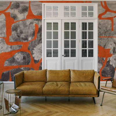 Tapet cu flori preistorice, design modern, abstract, portocaliu.