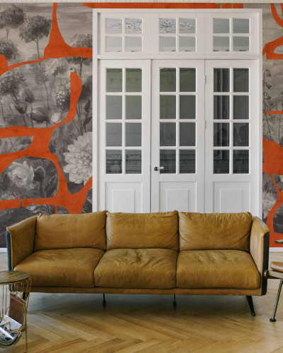 Tapet cu flori preistorice, design modern, abstract, portocaliu.