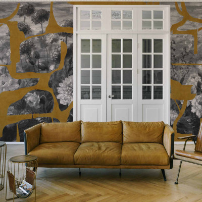 Tapet lavabil Prehistoric Flowers, Ocher, TresTintas cu design abstract în nuanțe de ocher și gri, decorat cu flori preistorice