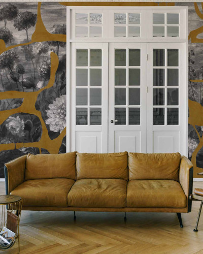 Tapet lavabil Prehistoric Flowers, Ocher, TresTintas cu design abstract în nuanțe de ocher și gri, decorat cu flori preistorice