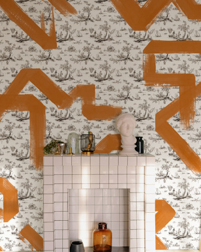Tapet lavabil cu design Toile Strokes, Orange, cu imprimeu negru de Toile și accente de portocaliu.