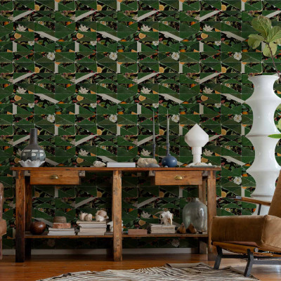 Tapet lavabil cu design geometric și fructe ascunse, culoare verde