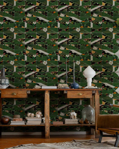 Tapet lavabil cu design geometric și fructe ascunse, culoare verde