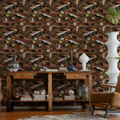 Tapet lavabil Hidden Fruits, roșu, cu un design geometric minimalist ce combină culorile calde cu frumusețea naturii.