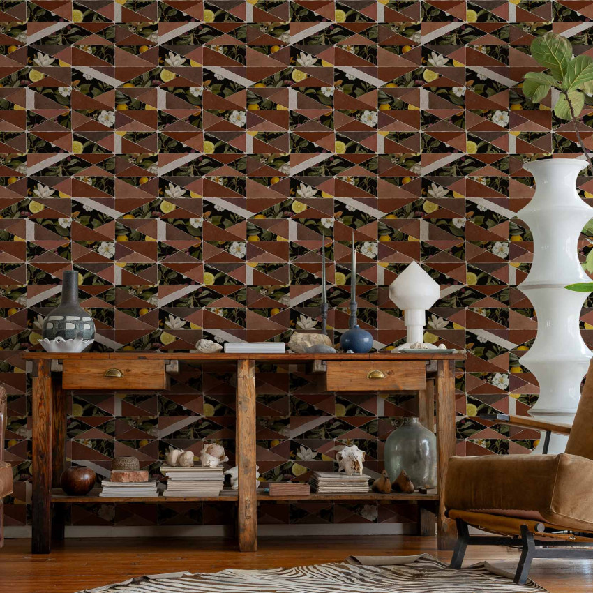 Tapet lavabil Hidden Fruits, roșu, cu un design geometric minimalist ce combină culorile calde cu frumusețea naturii.