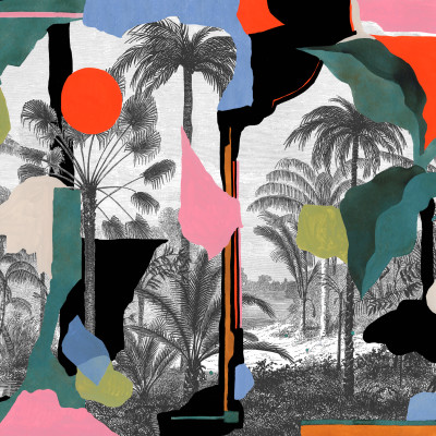 Tapet Colonial Abstraction cu design abstract in culori calde, cu palmieri si accente de roz.