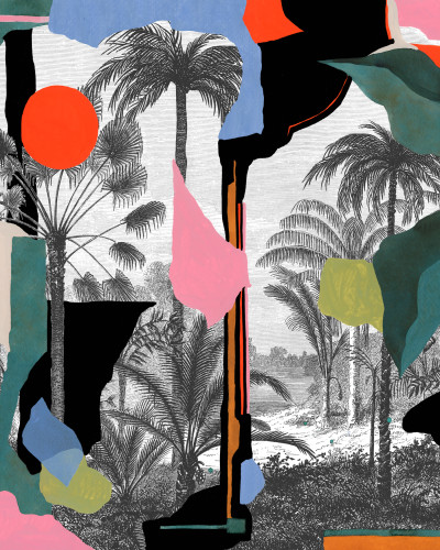 Tapet Colonial Abstraction cu design abstract in culori calde, cu palmieri si accente de roz.