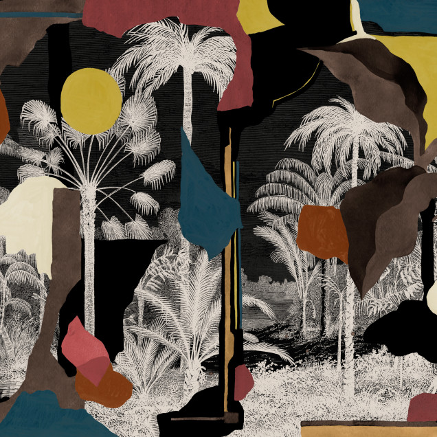 Tapet lavabil cu palmieri, model abstract, negru