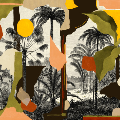 Tapet lavabil Colonial Abstraction, Toasted, TresTintas, cu design exotic, in living.