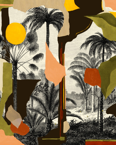 Tapet lavabil Colonial Abstraction, Toasted, TresTintas, cu design exotic, in living.