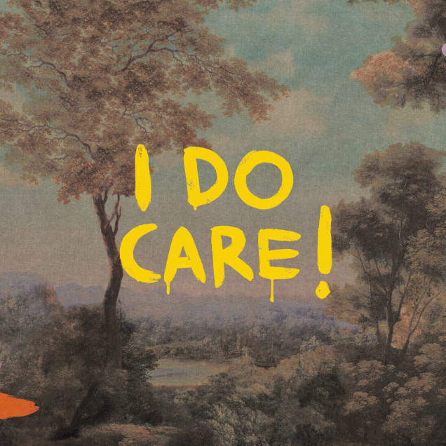 Tapet lavabil Planet Statement Pink, cu imprimeu abstract inspirat din picturile clasice, cu detalii pastelate și mesaj "I do care" scris cu vopsea galbenă vibrantă