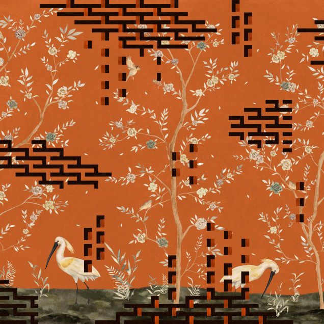 Tapet lavabil Tetris Chinoiseries, Orange - Design modern cu ramuri de flori, păsări exotice și elemente geometrice Tetris pe fond portocaliu.
