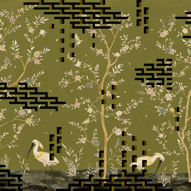 Tapet lavabil cu design Chinoiseries, în nuanțe de verde.