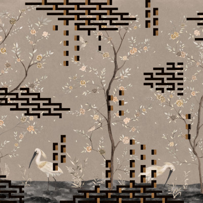 Tapet lavabil cu design geometric și floral, inspirat din arta chineză.