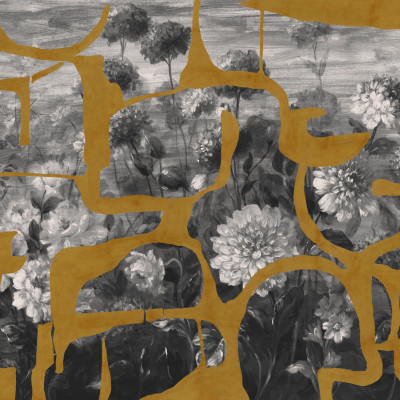 Tapet lavabil Prehistoric Flowers, Ocher, TresTintas cu design abstract în nuanțe de ocher și gri, decorat cu flori preistorice
