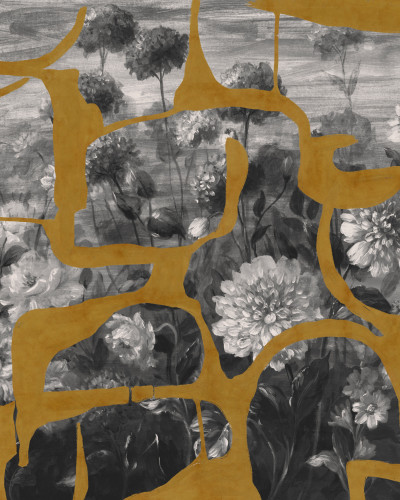 Tapet lavabil Prehistoric Flowers, Ocher, TresTintas cu design abstract în nuanțe de ocher și gri, decorat cu flori preistorice