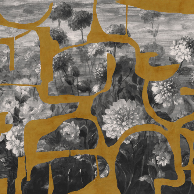 Tapet lavabil Prehistoric Flowers, Ocher, TresTintas cu design abstract în nuanțe de ocher și gri, decorat cu flori preistorice