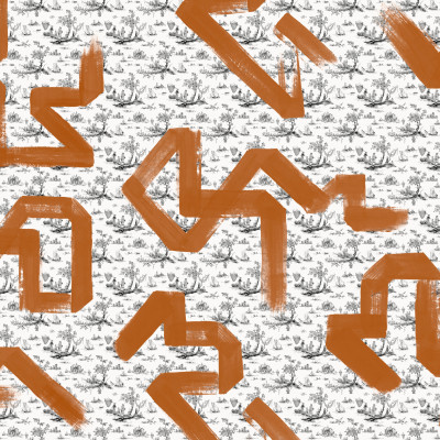 Tapet lavabil cu design Toile Strokes, Orange, cu imprimeu negru de Toile și accente de portocaliu.