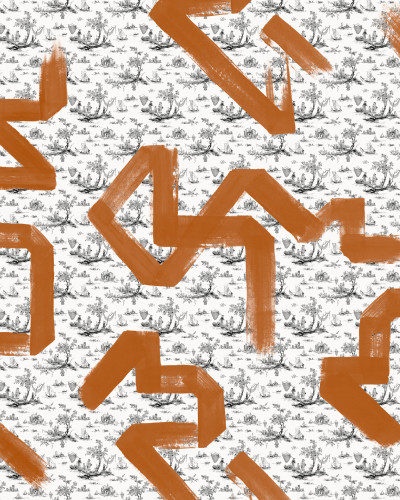 Tapet lavabil cu design Toile Strokes, Orange, cu imprimeu negru de Toile și accente de portocaliu.