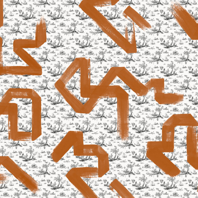 Tapet lavabil cu design Toile Strokes, Orange, cu imprimeu negru de Toile și accente de portocaliu.