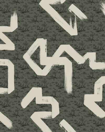 Wallpaper Toile Strokes, Green cu design clasic Toile de Jouy pe un fundal verde pastelat