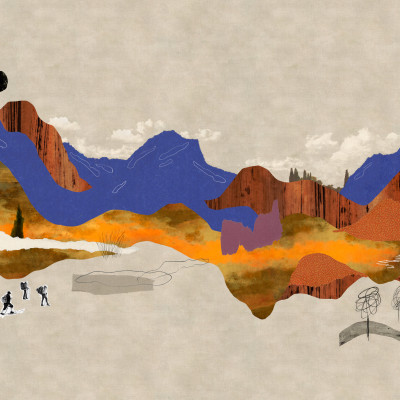 Tapet  cu design modern Landscape Collage, Beige, cu o imagine cu munți și dealuri abstracte, în culori calde.