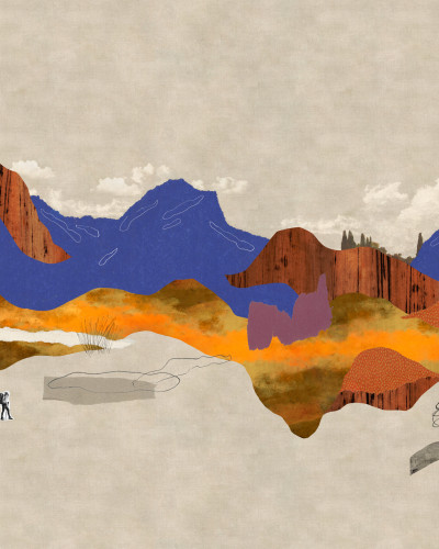 Tapet  cu design modern Landscape Collage, Beige, cu o imagine cu munți și dealuri abstracte, în culori calde.