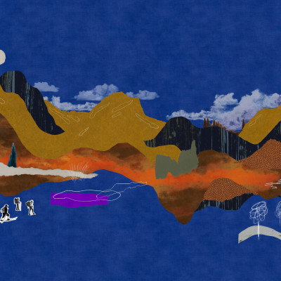Tapet lavabil cu design minimalist, Landscape Collage, Blue.