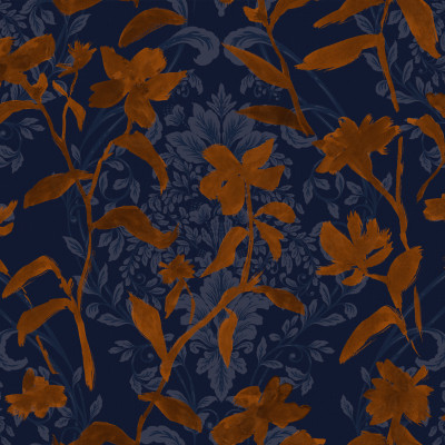 Tapet lavabil Blooming Damask, Tobacco, cu un design floral elegant, ideal pentru baie.