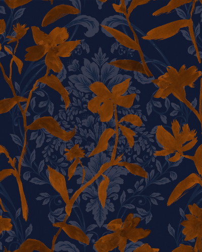 Tapet lavabil Blooming Damask, Tobacco, cu un design floral elegant, ideal pentru baie.