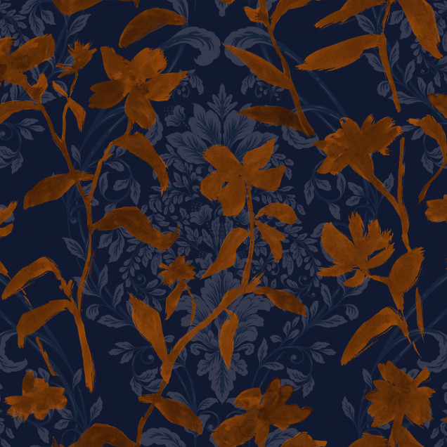Tapet lavabil Blooming Damask, Tobacco, cu un design floral elegant, ideal pentru baie.