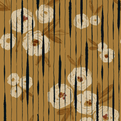 Tapet Broken Poppies Ocher cu un design floral minimalist, decorat cu flori de mac într-un model elegant, perfect pentru a crea o atmosferă caldă și primitoare.