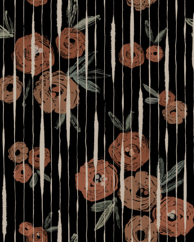 Tapet lavabil cu flori de mac, Broken Poppies, negru, 5 metri patrati pe rola.