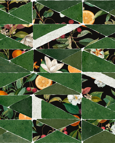Tapet lavabil cu design geometric și fructe ascunse, culoare verde