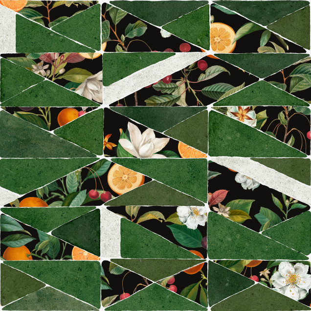 Tapet lavabil cu design geometric și fructe ascunse, culoare verde