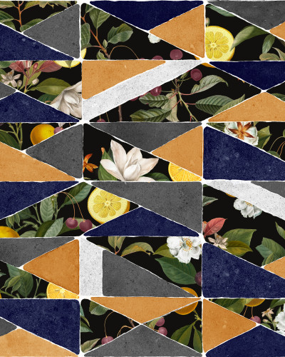 Tapet lavabil cu motive geometrice si imprimeu floral, Hidden Fruits Ocher, 5mp/rola