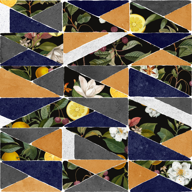 Tapet lavabil cu motive geometrice si imprimeu floral, Hidden Fruits Ocher, 5mp/rola