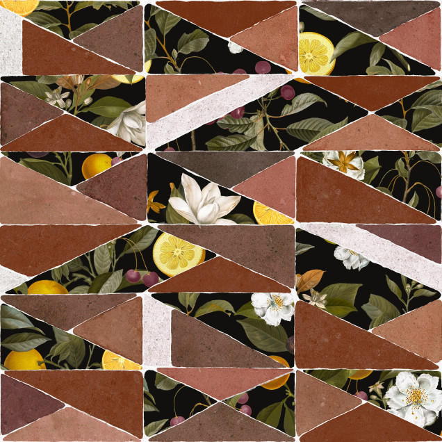 Tapet lavabil Hidden Fruits, roșu, cu un design geometric minimalist ce combină culorile calde cu frumusețea naturii.