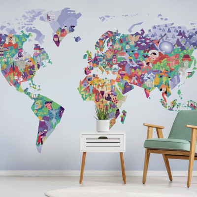 Tapet cu harta lumii, cu simboluri iconice din fiecare continent, culori vibrante, liliac