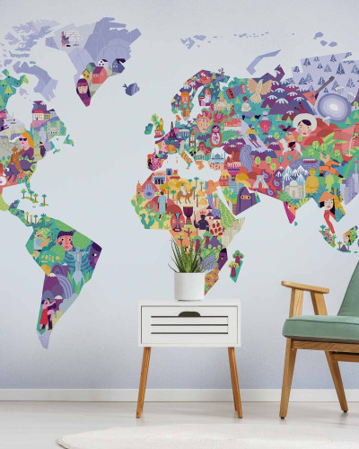 Tapet cu harta lumii, cu simboluri iconice din fiecare continent, culori vibrante, liliac