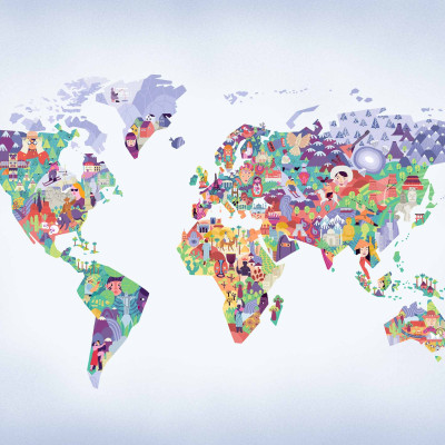 Tapet cu harta lumii, cu simboluri iconice din fiecare continent, culori vibrante, liliac