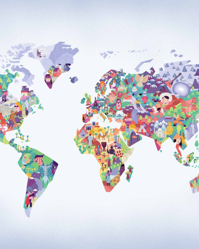 Tapet cu harta lumii, cu simboluri iconice din fiecare continent, culori vibrante, liliac