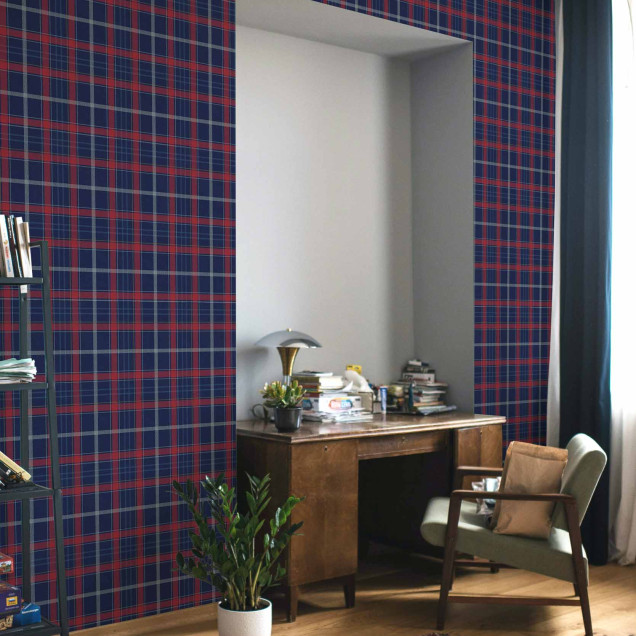 Tapet lavabil Check 11,5, Galaxia-Plus, Coordonne 5mp / rola - imagine cu un perete decorat cu tapetul in culori albastre si rosii, cu un model in cadru.