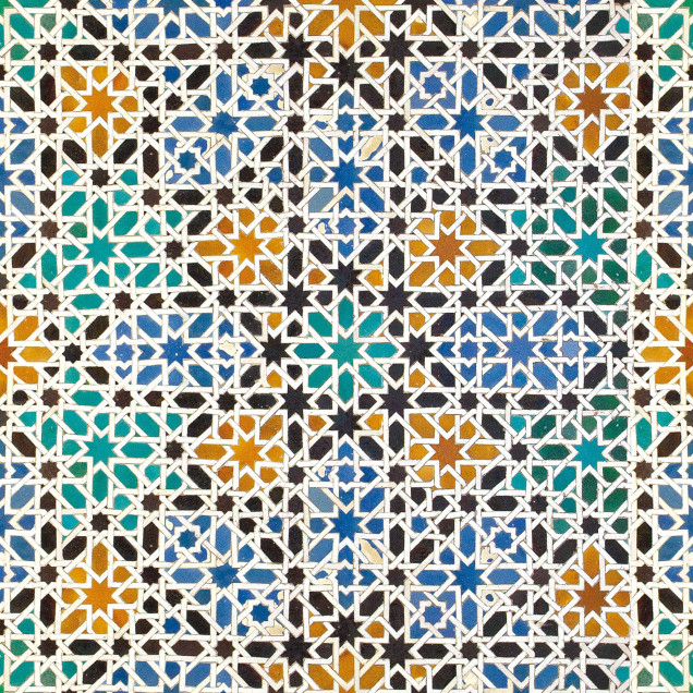Tapet cu model geometric, în culori calde, inspirat din arta islamică.